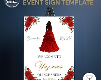Bearbeitbar Quinceanera Willkommensschild Rotes Kleid, Ereignisschild, Empfangsanzeige, Eingangsbegrüßung, Rote Quinceamaßa Blumen und Kleid, RS-3807