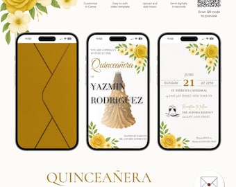 Bearbeitbare Quinceanera-Einladungs-Goldkleid, Sweet 16 Invite, animierte digitale Vorlage mit Musik, Quinceamaßa-Blumen und Kleid, QNV-3803