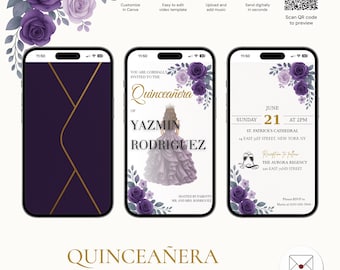 Bearbeitbare Quinceanera-Einladung Lila Kleid, Sweet 16 Invite, animierte digitale Vorlage mit Musik, Quinceaño-Blumen und Kleid, QNV-3806