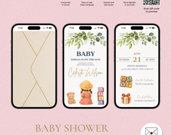 Bearbeitbare süße Baby-Babyparty-Videoeinladung mit Musik, rosa Fliege-Teddybär-Thema, animierte digitale Vorlage, BSV-5229