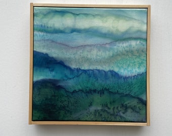 Blue valley 2,  ORIGINAL silk painting, dye on silk, original landscape art, nature art, silk anniversary, free shipping