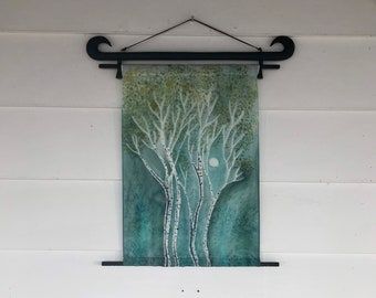 Birch Stand Wall Hanging, original silk painting, nature scene birch landscape, birch tree art, free shipping