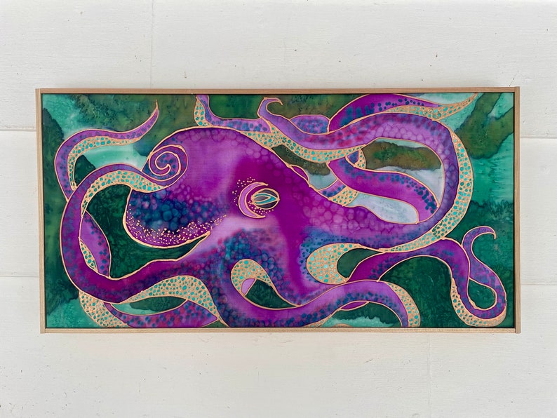 Octopus Original contemporary wall art silk painting for living room unique art for bedroom silk anniversary gift for octopus lover image 1