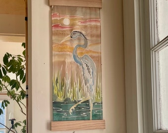 Great Blue Heron Original contemporary wall art silk painting for living room serene art for bedroom silk anniversary gift for nature lover