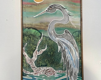 Great Blue Heron Original contemporary wall art silk painting for living room serene art for bedroom silk anniversary gift for nature lover