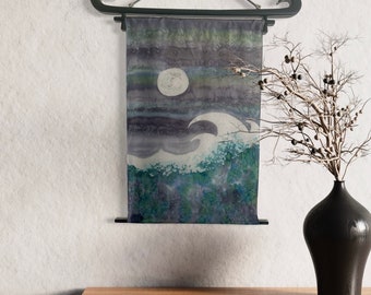 Silk Wall Hanging original wall art for mom gift for nature lover moon painting for bedroom nursery baby art gift Japanese style art waves