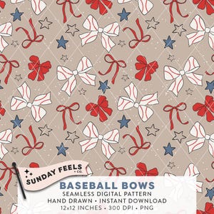 Baseball Seamless Pattern • Baseball Bow Digital Paper • Hand Drawn Cute Baseball Design • Baseball Fan Scrapbook Background • PNG Download