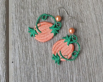 Pumpkin earrings with beads, embroidered