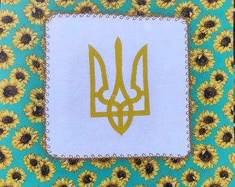 Wall Hanging, Support Ukraine 12x12 quilted with trident