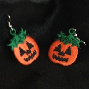Earrings, Halloween, Pumpkin, Jack-o-Lantern, embroidered, pierced, READY TO SHIP image 1