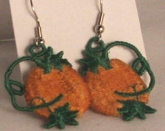 Earrings, Pumpkin, embroidered, surgical steel wires dangle
