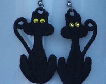 Black cat earrings, Halloween, pierced, surgical steel wires, Swarovski crystal dangle, READY TO SHIP