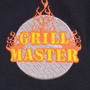 May include: Embroidered patch with the words "GRILL MASTER" in yellow and orange, surrounded by flames. The text is centered on a gray, circular grill grate design, set against a black background.
