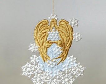 Angel with Snowflakes Ornament, Embroidered Lace , Frozen