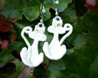 White cat earrings, pierced, surgical steel wires, Swarovski crystal, dangle, READY TO SHIP