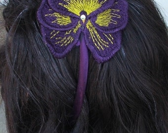 Headband, Purple, flower, pansy, embroidered freestanding lace with Swarovski crystal, READY TO SHIP