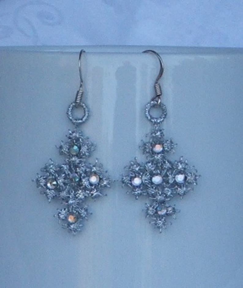 earrings, Star/Cross, novelty, metallic thread, pierced, Swarovski crystals, dangle, READY TO SHIP image 1