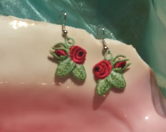 READY TO SHIP Rose Earrings, surgical steel wires, embroidered, pink, red, yellow, crystals dangle