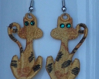 Calico cat earrings, pierced, surgical steel wires, Swarovski crystal, dangle, READY TO SHIP