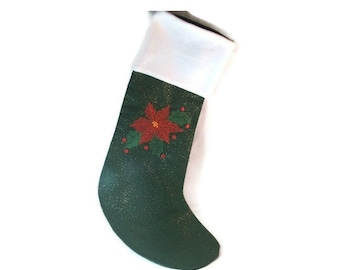 Christmas Stocking,  Poinsettia embroidered on Green Glitter Fabric, personalization available
