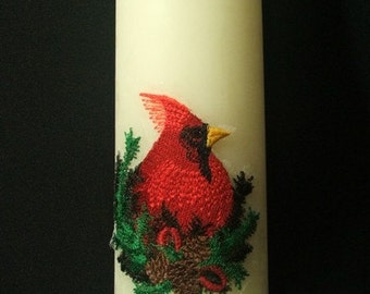 Candle, Pillar with applied embroidered Red Cardinal and pine MADE TO ORDER