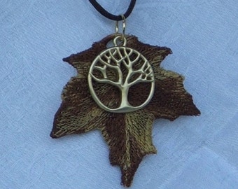 Necklace, leaf, with tree of life, variegated brown or orange, Embroidered Freestanding Lace, READY TO SHIP