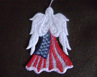 Angel Ornament, Patriotic Flag angel. red white & Blue, embroidered freestanding lace