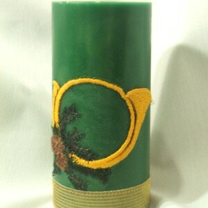 Candle, with applied embroidered Horn and Pine, Green or white MADE TO ORDER