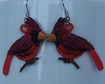 Earrings, Birds, Cardinal, pierced, surgical steel ear wires dangle, READY TO SHIP