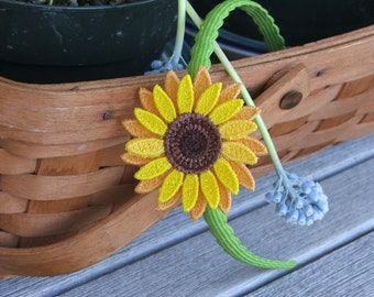 Headband, Green, Sunflower, Embroidered Freestanding Lace