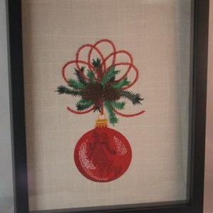 Wall Art, Embroidered  Ball Ornament with pine and Hidden Angel, framed