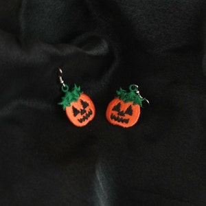 Earrings, Halloween, Pumpkin, Jack-o-Lantern, embroidered, pierced, READY TO SHIP image 2