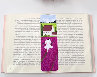 Cute Cat Bookmark – Cozy Cottagecore Bookmark, Lavender Field Illustration, Aesthetic Book Lover Gift
