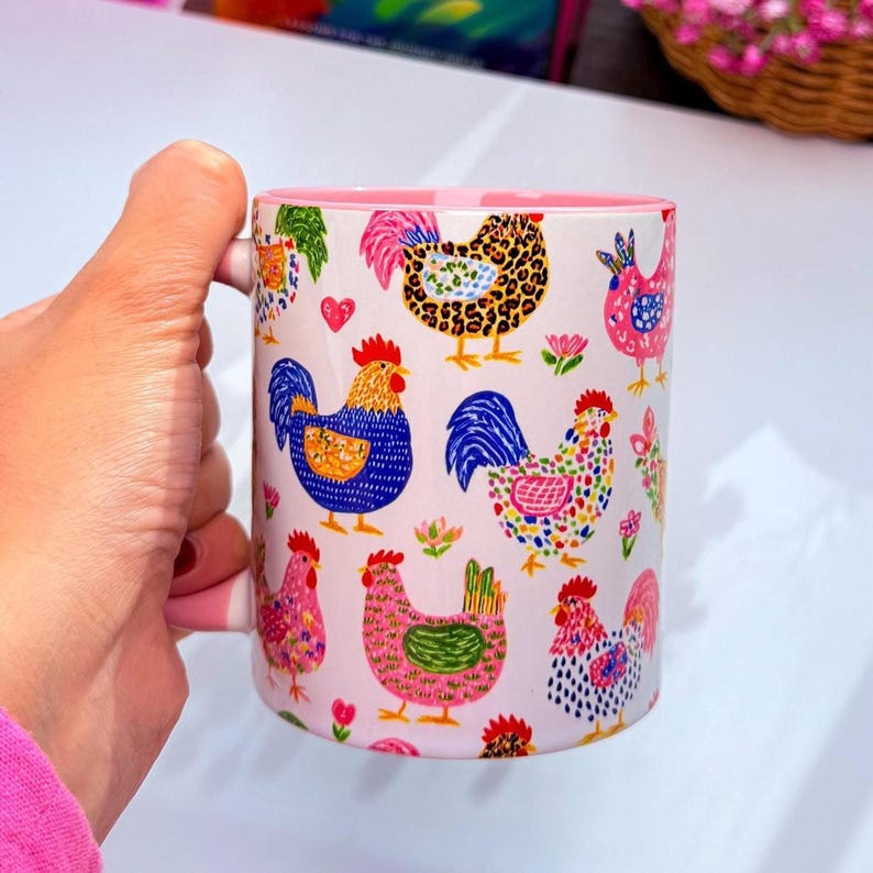 Chicken Mug with Colorful Farm Illustration, Ceramic Coffee Mug for Cottagecore Lovers image 3