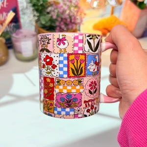 Patchwork Floral Ceramic Mug with Ducks, Cottagecore Spring Drinkware