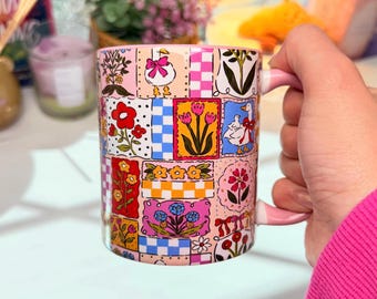 Patchwork Floral Ceramic Mug with Ducks, Cottagecore Spring Drinkware