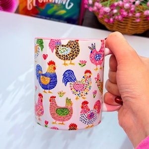 Chicken Mug with Colorful Farm Illustration, Ceramic Coffee Mug for Cottagecore Lovers image 1
