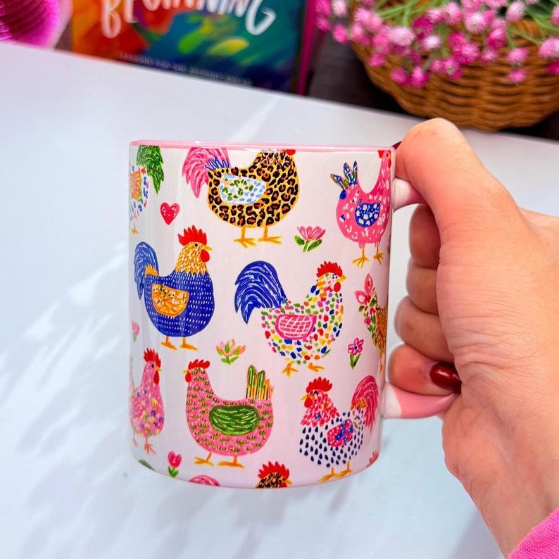 Chicken Mug with Colorful Farm Illustration, Ceramic Coffee Mug for Cottagecore Lovers image 1