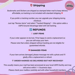May include: A pink background with text detailing shipping, refund, and lost or damaged item policies. The text explains tracking upgrades and actions to take if an order is not received. The logo "little lovely" is in the top right corner.