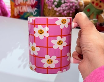 Pink Smiley Daisy Ceramic Mug, Retro Grid Coffee Cup, Cottagecore Floral Gift
