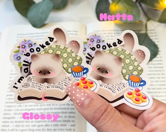Book Lover Sticker “I’m All Booked” Cute Reading Cat Sticker Cozy Aesthetic Bookish Sticker Kindle Laptop Water Bottle Vinyl Waterproof