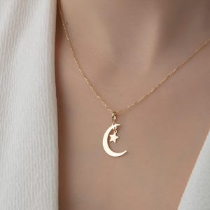14k Solid Gold Crescent Moon Star Necklace, Small Star Necklace, Dainty Celestial Jewelry, Minimalist Moon Pendant, Handmade Jewelry Gift