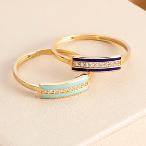 14K Solid Gold Blue Enamel Ring: Modern Pavé Band Statement Ring