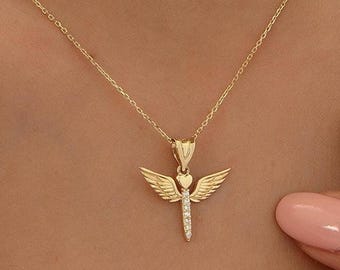 14K Gold Angel Pendant Necklace with Diamond: Wing , Minimalist, Elegant Charm