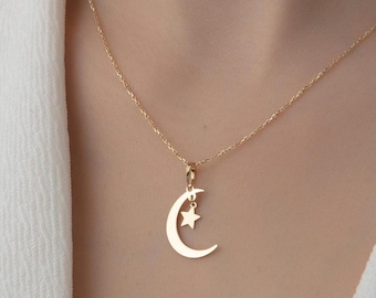 14k Solid Gold Crescent Moon Star Necklace: Dainty Celestial Pendant