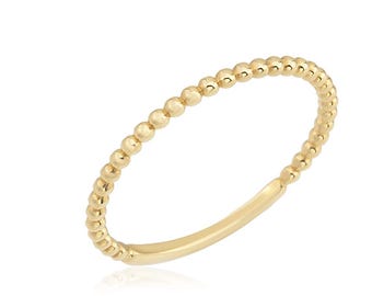 14K Solid Gold Beaded Stacking Ring: Dainty Minimalist Band