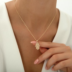 14K Solid Gold Hamsa Necklace, Hand of Fatima Pendant, Protection Charm, Hamsa Pendant , Lucky Charm, Hamsa Jewelry, Everyday Necklace,