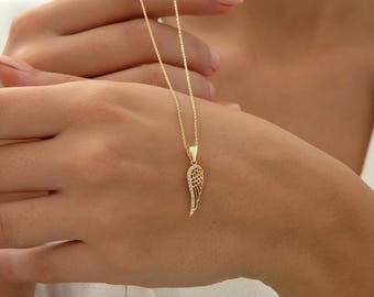 14K Gold Diamond Angel Wing Necklace: Guardian Angel Pendant