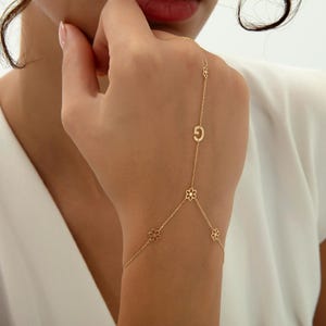14K Solid Gold Hand Chain Bracelet: Dainty Minimalist Shahmaran Personalize