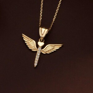 14K Gold Diamond Angel Pendant Necklace: Elegant Wing Charm image 3